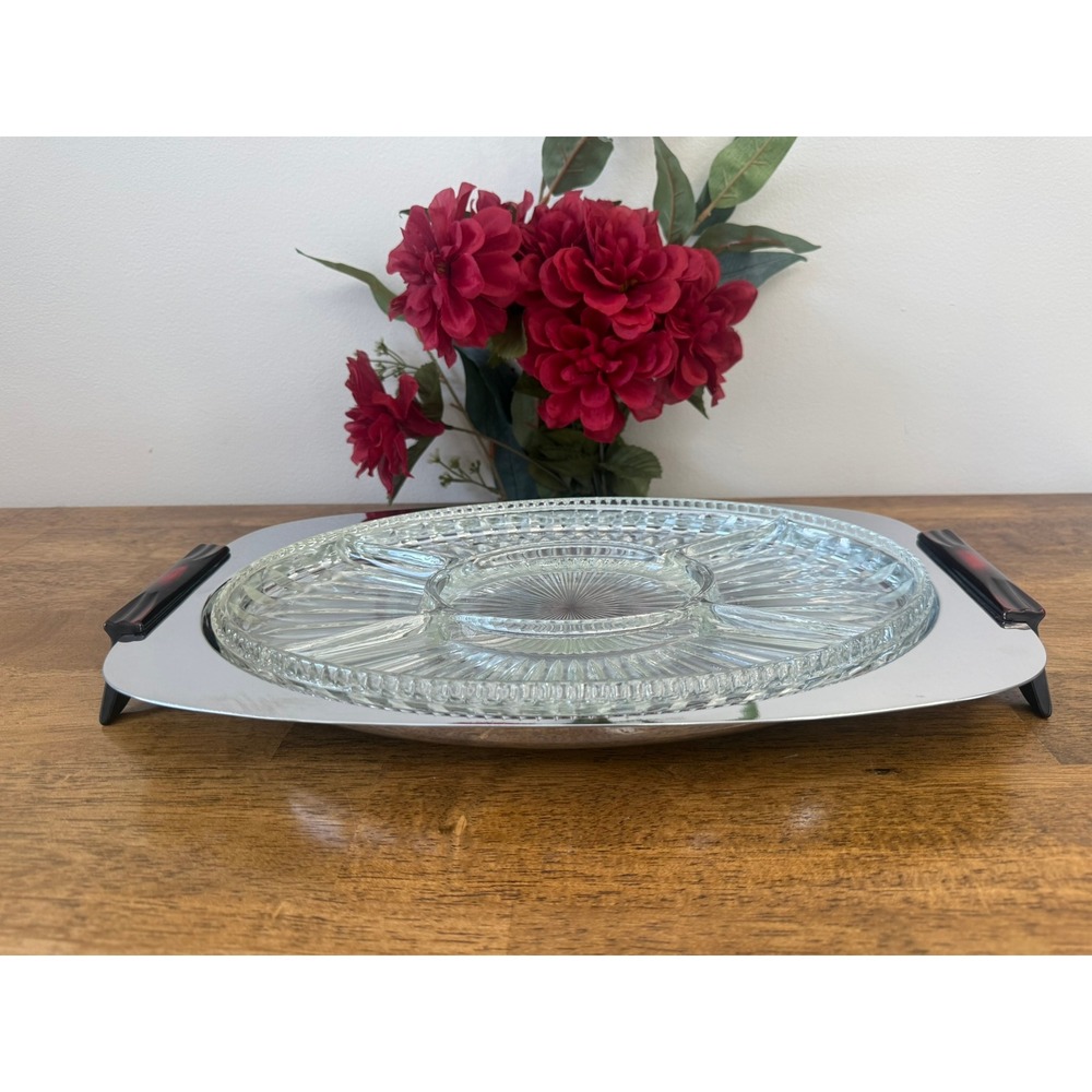 Vintage Gourmates Glo-Hill Canada Atomic Tray‎ Chrome Platter Ruby Handles MCM